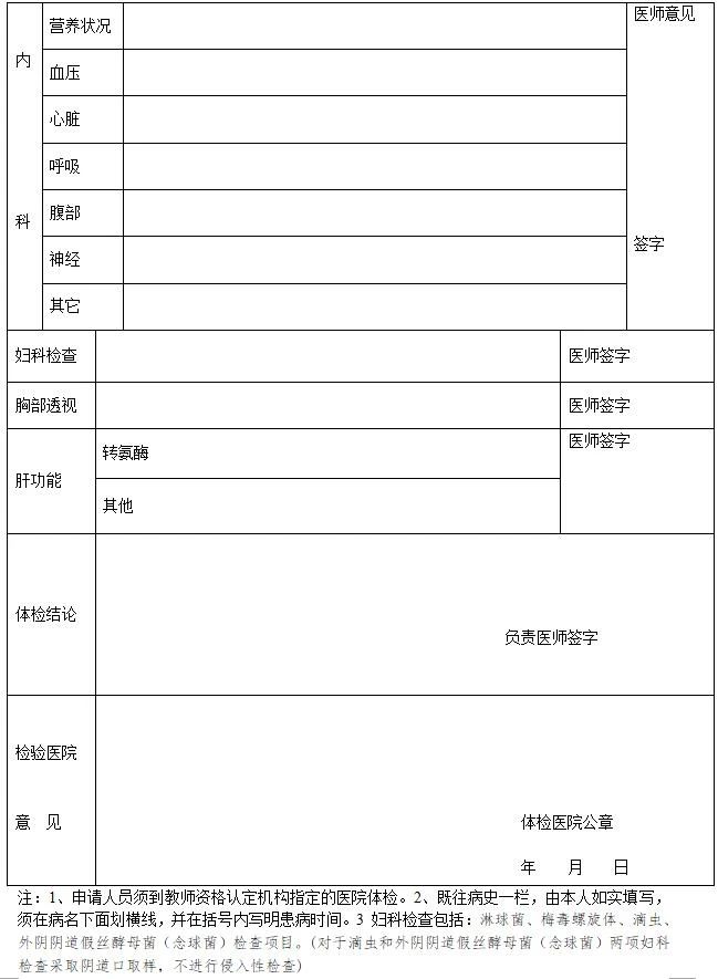 河北省教師資格申請人員體檢表(適用于申請幼兒園教師資格人員)2